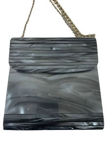 VTG Shals Intl Black Gray Marbleized Lucite Box Purse Removable Crossbody Chain - Picture 1 of 15