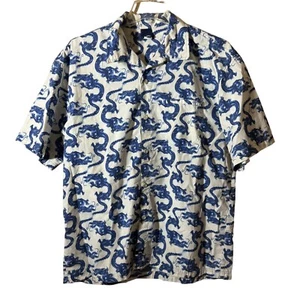 No Fear Mens Short Sleeve Button-Up Shirt Blue Dragon Print Size L 65% Polyester - Picture 1 of 5