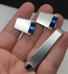 Art Deco Vintage Marvel Sterling Silver Blue Crystal Cufflinks Tie Clip Set - Picture 1 of 4