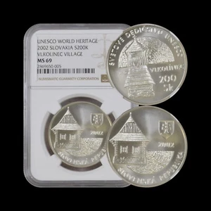 SLOVAKIA. 2002, 200 Korun, Silver - NGC MS69 - Top Pop 🥇 Vlkolínec Village RARE - Picture 1 of 5