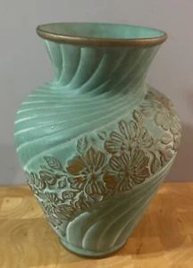 Large GI Ltd Bisque Ware Plae Green Vase With Gold Floral Detail - Picture 1 of 4