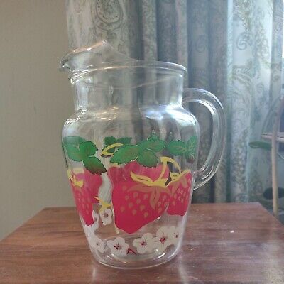Vintage Strawberry Patterned Glass Pitcher With Ice Lip • 25€