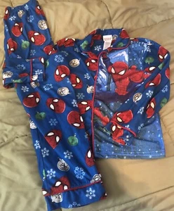 SPIDERMAN Marvel Boys Sz 8 2 Pc Christmas Santa Hat Button up Pajama Set Pjs - Picture 1 of 4