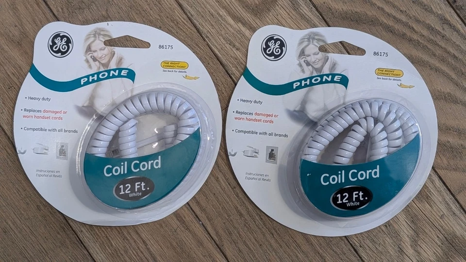 GE 12 ft. Handset Receiver Curly Coil Phone Cord for Telephone White (2 Pack) - Image 1 of 2