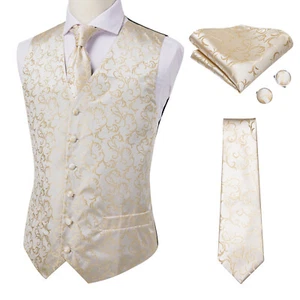Hi-Tie Mens Waistcoat Ivory Jacquard Vest Necktie Set Wedding Formal Suit Jacket - Picture 1 of 11