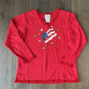 THE QUACKER FACTORY PATRIOTIC FLAG/STARS Sequin/BEADS RED Sweater WOMAN SZ Large - Picture 1 of 10