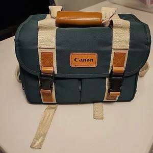 Borsa fotocamera reflex digitale Canon vintage tela verde cinturino pelle 12x7x8 custodia imbottita - Foto 1 di 10