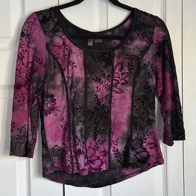 Vtg Y2K Top Womens Petite S Purple Burnout Velvet Floral Whimsigoth Fairy Grunge - Image 1 of 4