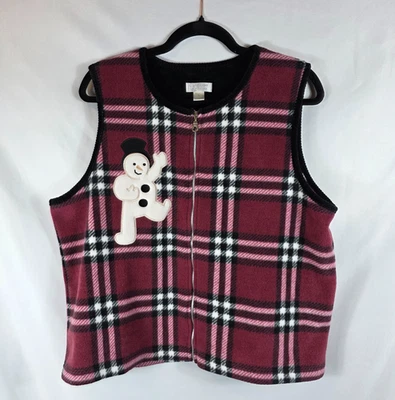 Christopher & Banks розовый и черный клетку флисовый жилет размер большой снеговик аппликации - Изображение 1 из 4