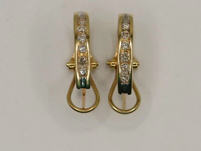 PAIR DIAMOND 14k YELLOW & WHITE GOLD HOOP EARRINGS w 6 RBC DIAMONDS EACH* - Image 1 of 4