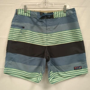Patagonia Board Shorts Mens 36 Green Blue Black Stripped Surf Trunks STY-86622 - Picture 1 of 13