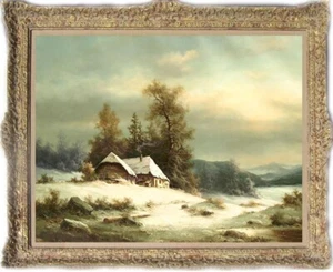 Antiguo maestro de arte pintura al óleo antigua paisaje paisaje nevado sobre lienzo 30"x40" - Imagen 1 de 2