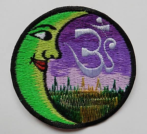* Sew On Patch * Nepalese Made * 8cm * Moon & Om - Purple or Red - Picture 1 of 4
