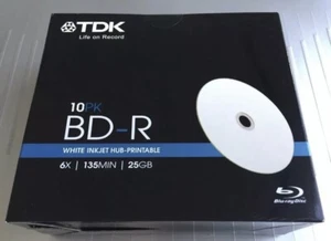 10 Discs TDK 6x BD-R Blu-Ray 25GB 135MIN White Inkjet Printable With 10 SlimCase - Picture 1 of 2