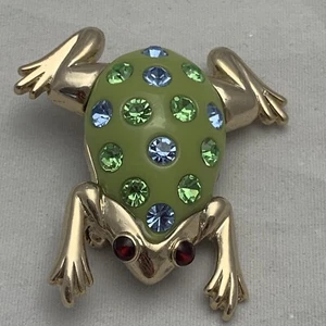 Frosch Anstecknadel Brosche grün Emaille blau & grün Strass goldfarben figürlich Vintage - Bild 1 von 6