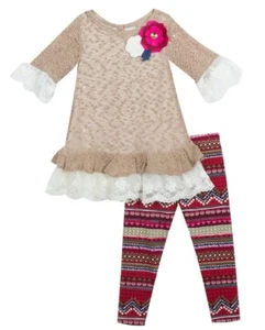 Rare Editions Little Girl's Taupe Sweater Dress & Aztec Legging Set-Size-5 - Picture 1 of 3