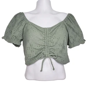 SO Juniors Cinch Front Puff Sleeve Crop Eyelet Laser Cut Top Sage Green XXL NWT - Picture 1 of 11