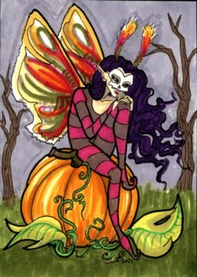 ACEO Original Otoño Otoño Hada Calabaza Polilla Ilustración Arte Ejw Emily Blanco Foto 1 de 3