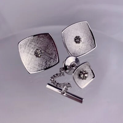 Gemelos de plata esterlina pasador de corbata pedrería blanca simple MCM Anson vintage K1 Foto 1 de 4