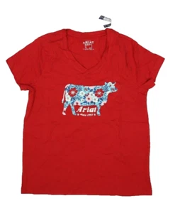 Ariat Flower Cow Short Sleeve T Shirt Red V Neck Relaxed Fit Tee Womens M - Picture 1 of 10