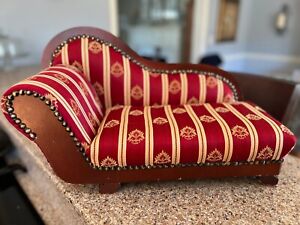 Miniature 20" Victorian Doll Fainting CouchÂ Chaise Lounge Red Stripe WoodÂ 