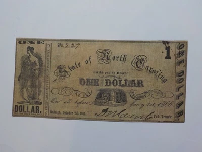 Civil War Confederate 1861 1 Dollar Bill Raleigh North Carolina Paper Money VTG  - Image 1 of 2