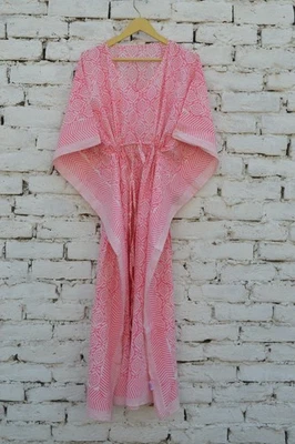 Vestido largo caftán 100 % algodón 100 % sin tarifas✅0 % carga estampado en bloques KF-99 Foto 1 de 4