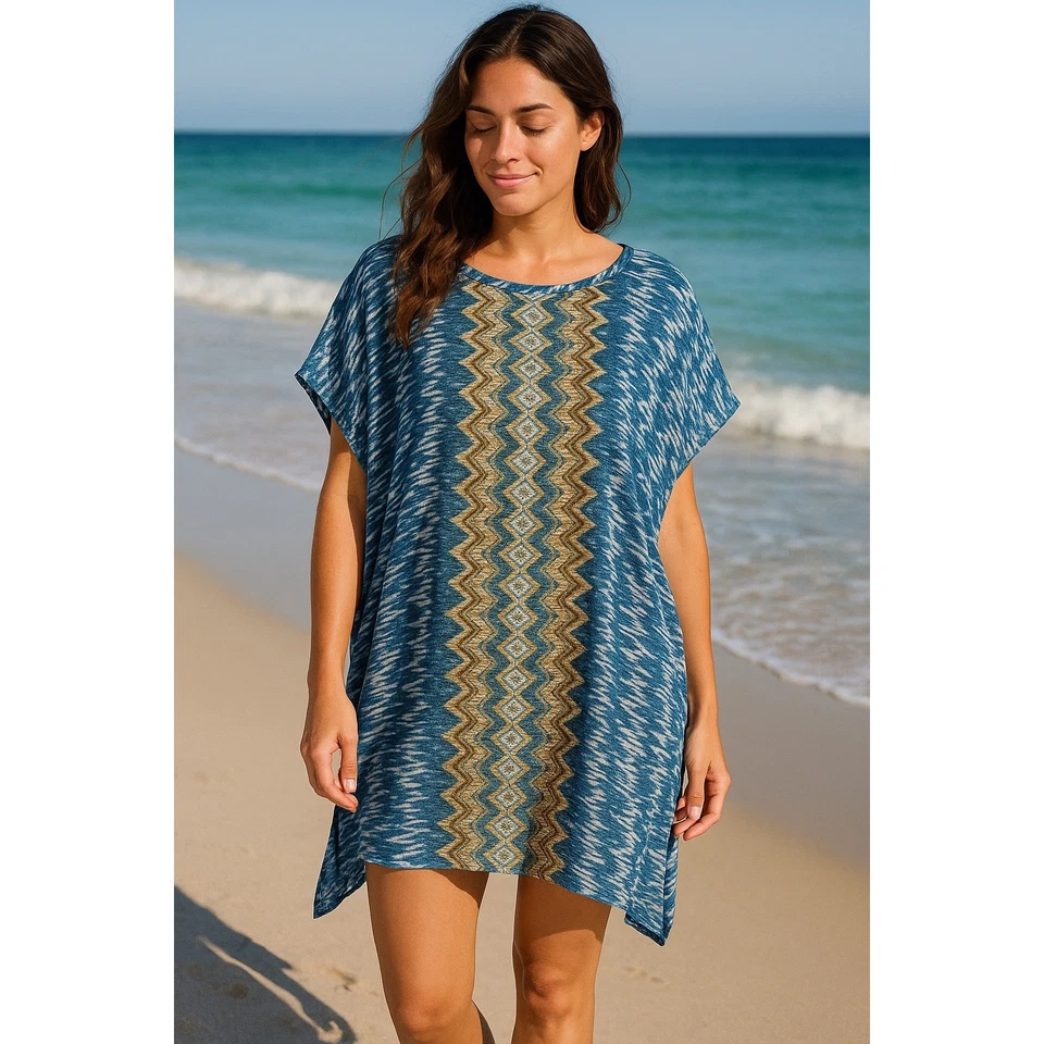 NEW O'Neill Womens Medium Blue Patterned Swim Cover Up Boho Sheer Kaftan Dress - Image 1 of 4