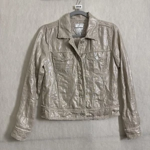 Tommy Bahama Women's XS Gold Two Palms Raw Edge Linen Button Up Trucker Jacket - Picture 1 of 10
