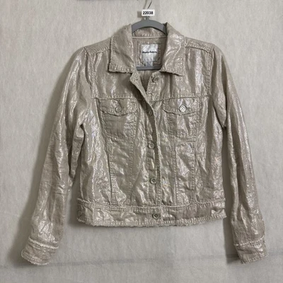 Tommy Bahama Women's XS Gold Two Palms Raw Edge Linen Button Up Trucker Jacket - Image 1 of 4