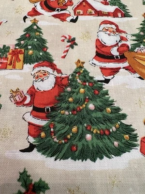 Christmas Santa Vintage Print Fabric w Trees, Gifts, Santa Bag, Shimmery Snow
