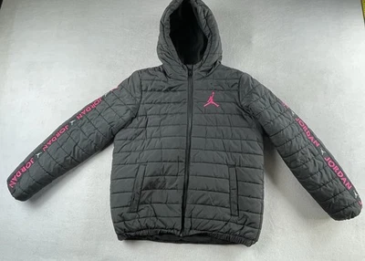 Nike Jordan Padded Jacket Girls XL 13/15 Years Black Pink Tape Logo Hooded - Image 1 of 4