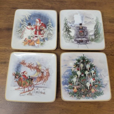 Pottery Barn Christmas Nostalgic Santa Winter Forest Train Appetizer 4 Plates - Image 1 of 4