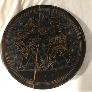 VINTAGE POLISH SP-NIA RZEMFESICZA HAND CARVED WOODEN PLATE INLAID WITH COPPER - Picture 1 of 10