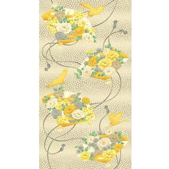 Mandalay Breeze Cotton Quilt Fabric Large Yellow Fan Panel Andover  - Image 1 of 1