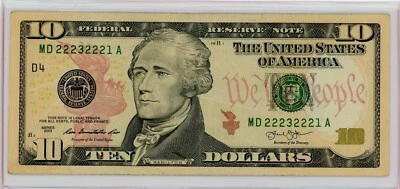 $10 FRN Series 2013 Cleveland Fancy Serial Number MD 22232221 A SIX OF KIND 321 - Image 1 of 3