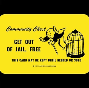 Letrero de metal Monopoly 12x8 Salir de la cárcel hombre libre jaula de ala comunitaria pecho amarillo - Imagen 1 de 2