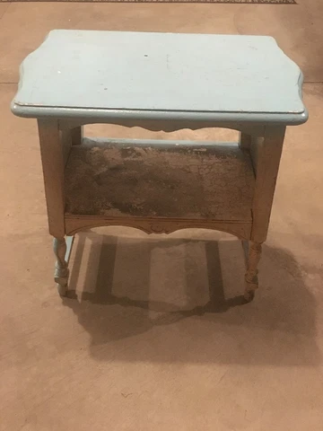 Antique Solid Wood Blue Paint Nightstand Table Carved Shelf Farmhouse No Ship Cover