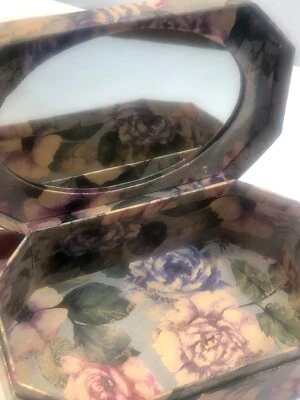 Floral Retro Trinket Box With Mirror Rectangular Shaped Hard Cardboard 80’s - Image 1 of 4