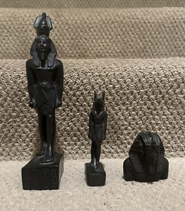 3 Vtg Hand Carved Black Stone Egyptian Pharaoh Ramses II Anubis Statue Figurine - Picture 1 of 12