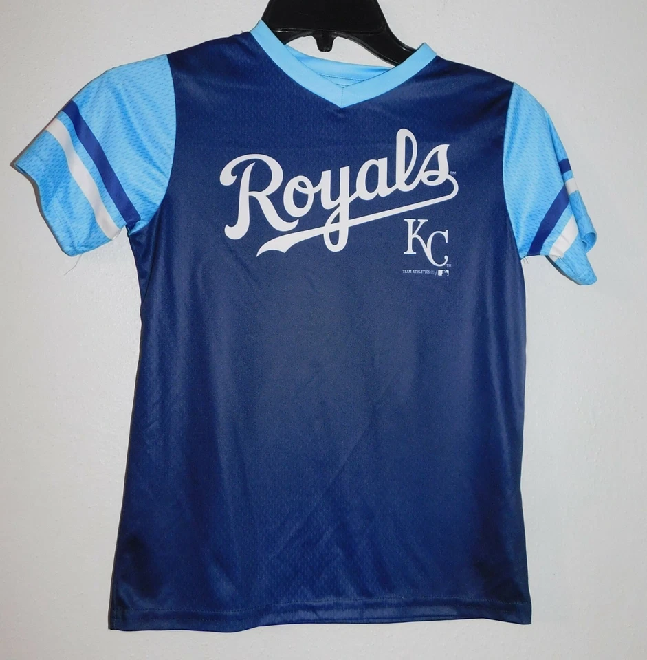 Kansas City Royals Girl's XS 4/5 V-Neck Shirt, Dark Blue w/Baby Blue Sleeves - Image 1 of 1