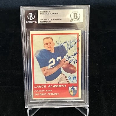 1963 Fleer #72 Lance Alworth Signed RC Beckett Auto HOF Bambi Inscriptions Rare - Image 1 of 4