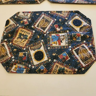 Vtg Fall Autumn Placements Sunflower Scarecrow Blue Cotton Reversible 16 x12" - Image 1 of 4