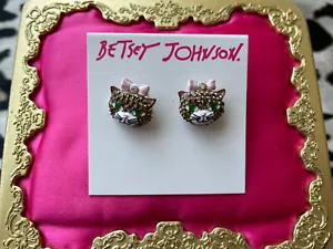 Betsey Johnson Lily Flower Crystal Cat Head Pink Gingham Bow Stud Earrings RARE - Picture 1 of 2