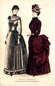 Precioso vestido victoriano Godey's October estampado moda color antiguo 1885 - Imagen 1 de 2