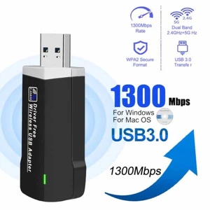 Récepteur réseau sans fil USB 1300 Mbps WiFi 2,4/5G double bande Win10 11 lecteur gratuit - Photo 1/12
