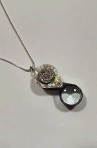 Magnifying Glass Swirly Rhinestone MOP Loupe Pendant Necklace 20x Strong - Picture 1 of 9