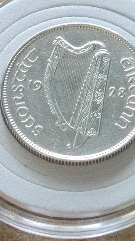 Brilliant Silver Stunner 1928 Ireland Irish Florin Harp and Salmon w Holder Cover