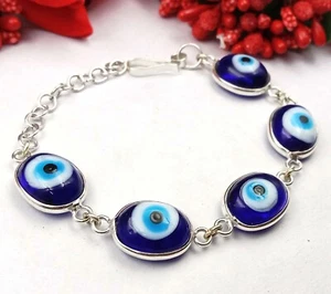 Evil Eye Gemstone 925 Sterling Silver Plated 1 PC Luck Bezel Bracelet Jewelry - Picture 1 of 1