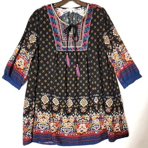 Umgee USA Womens Tunic Top Size L Boho Tasseled Tie Neck Black Multi Color - Picture 1 of 12